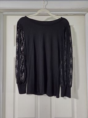 Adara Black Mixed Media Blouse with Semi-Sheer Lace Long Sleeves
